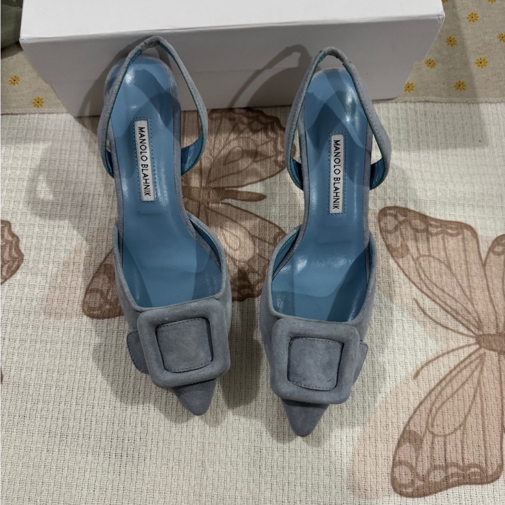 Manolo Blahnik Light Blue Suede Pointed Toe Slingback Heels